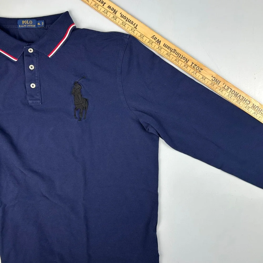Polo Ralph Lauren Mens XL Navy Long Sleeve Big Pony Polo Shirt Red White Trim